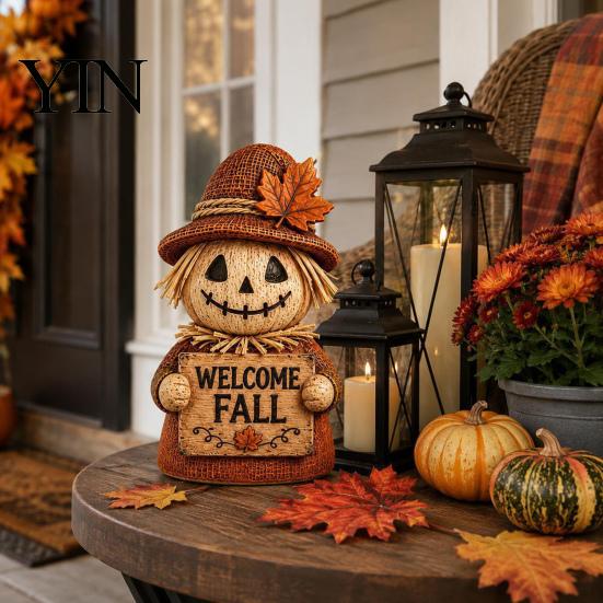 Rural Style Fireplace Decor 3 Pcs Fall Wooden Scarecrow Figurines, Farmhouse Rustic Statue with Maple Decorative Craft for Thanksgiving Leaf,