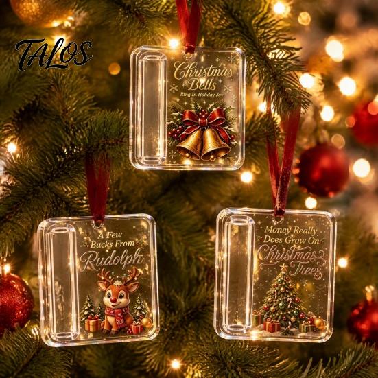 Christmas Party Gift Favors 3 Pcs Cash Ornament, Acrylic Money Holder for Cash, Clear Tree Ornaments Xmas Hanging Decoration, Holiday Gifts