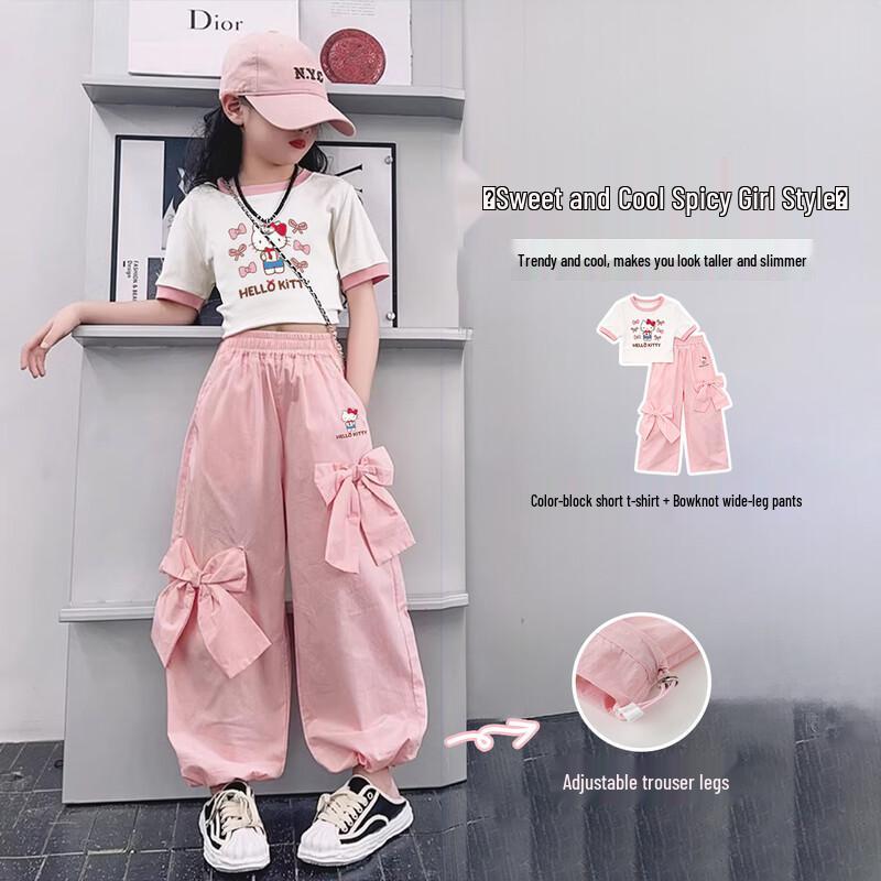 Hello Kitty Girls Summer Color-Block Short Sleeve Wide-Leg Pants Set 120