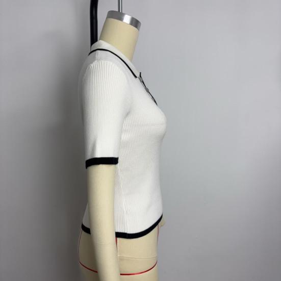 Women Short Tops Patchwork Color Short-Sleeve Lapel Tops with Buttoned Neckline Regular