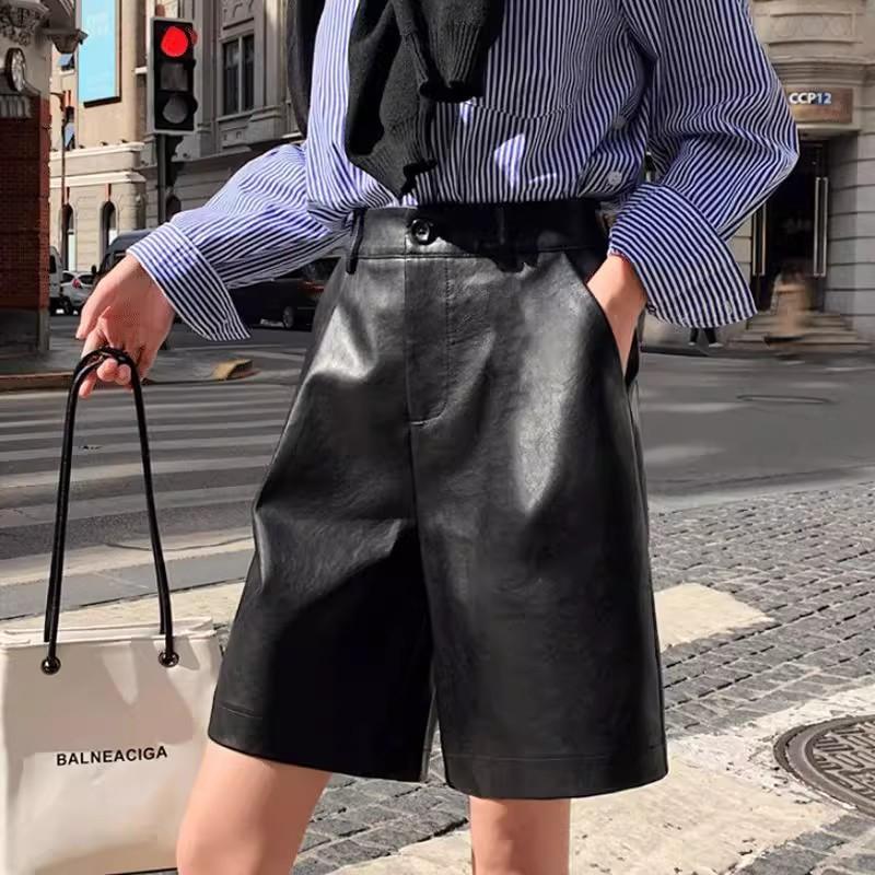 

Women s Petite Fall Winter High Waisted Loose Wide Leg Knee-Length Straight Leg PU Leather Shorts Mini Shorts Versatile Slim Fit Hot Pants XS чёрный