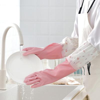 1 Pair Dishwashing Gloves Waterproof Reusable Gloves Patchwork Color Elastic Long Cuffs Household Cleaning