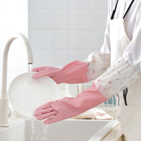 1 Pair Dishwashing Gloves Waterproof Reusable Gloves Patchwork Color Elastic Long Cuffs Household Cleaning Gloves