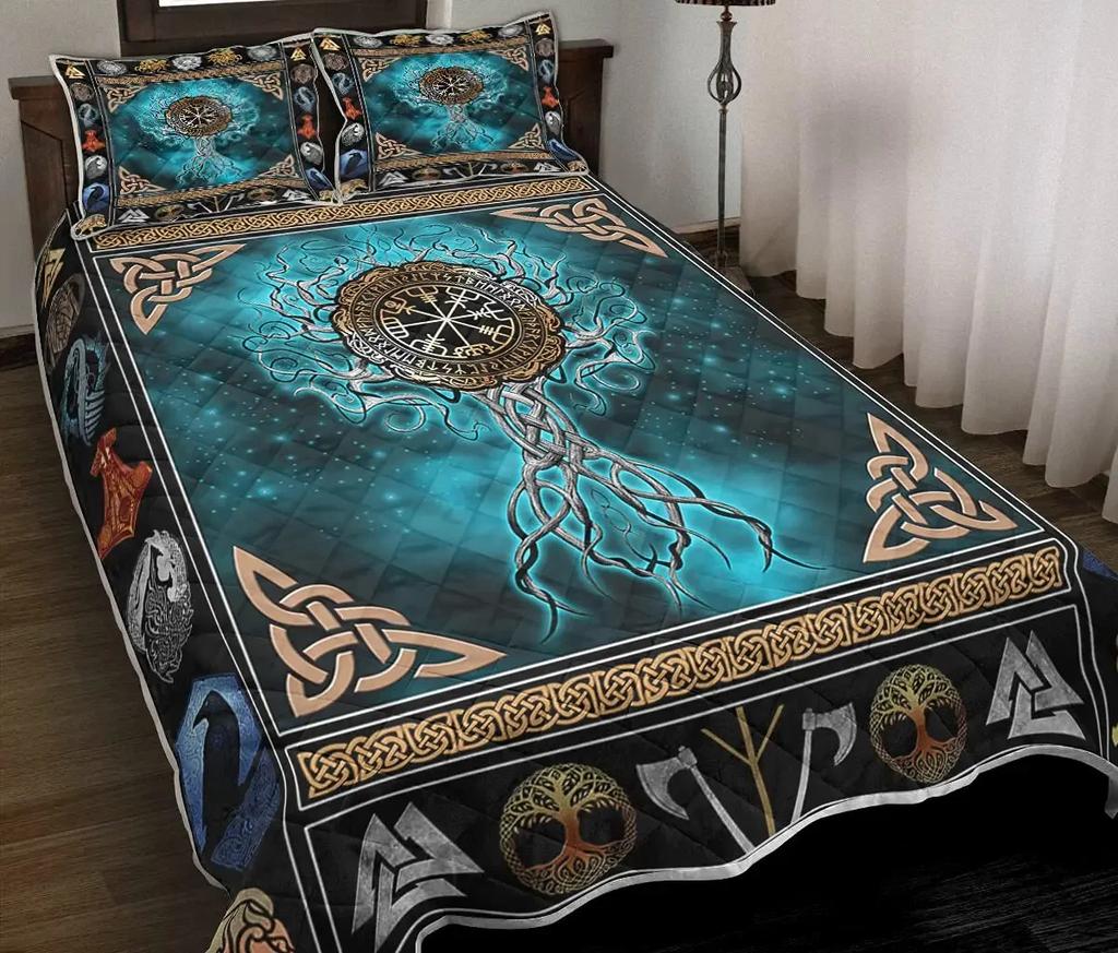 Wikinger Vintage King Queen Bettbezug Nordischer Mythos Bettwäsche Set Mittelalter Folklore Totem Quiltbezug Grau Polyester Bettbezug