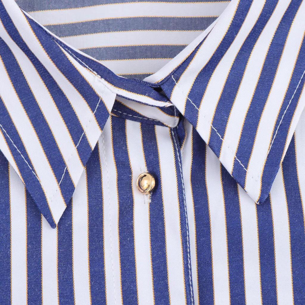 2025 Spring Women's Metallic Thread Striped Long Sleeve Shirt - Euro-American Style