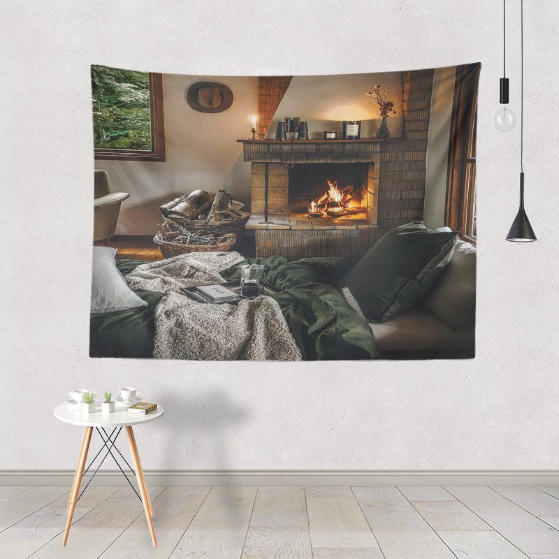 Merry Christmas and New Year Christmas Tapestry Warm Fireplace
