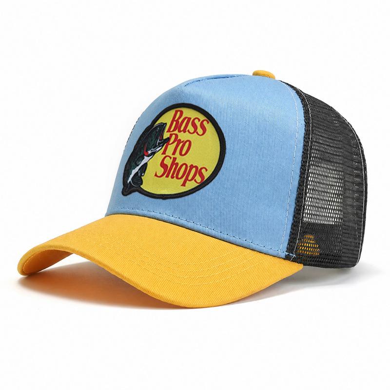 Bass embroidered mesh baseball cap, color-blocked baseball cap, men's summer breathable truck hat, high-top sun hat