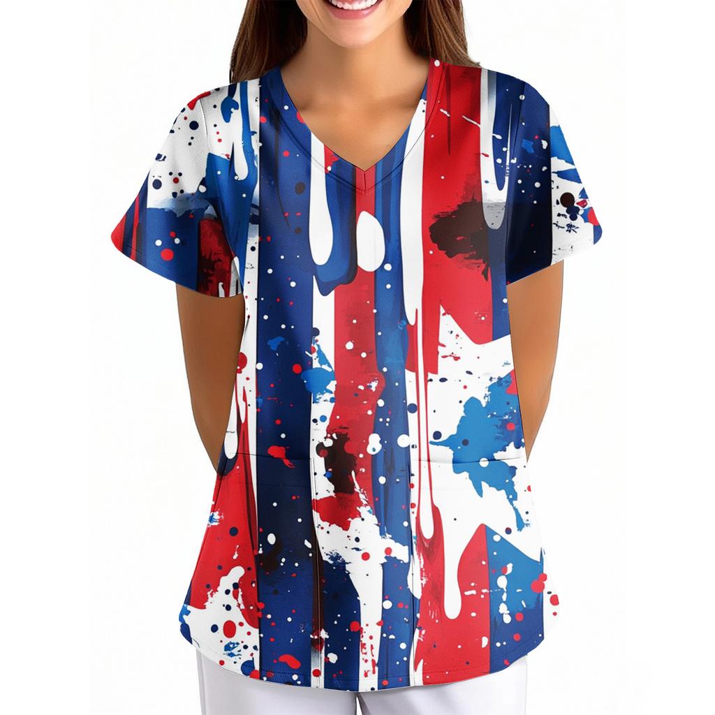 Women's Independence Day Printed Loose V-Neck Pocket Short-Sleeved  Clothing