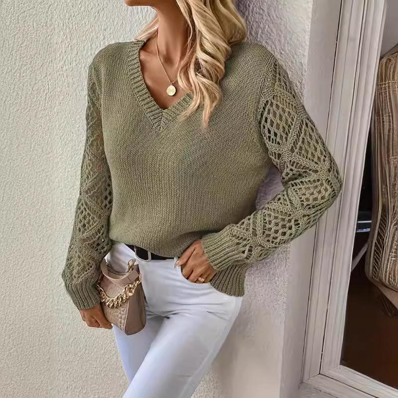 Spring and Autumn Knitted Sweater Foreign Trade Women's Clothing Temperament V-neck Hollow Long-sleeved Solid Color Casual Top