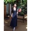 French Retro Lace Edge Polka Dot Neck Dress Women's Summer Short Sleeve Niche Design Waist Word Long Skirt