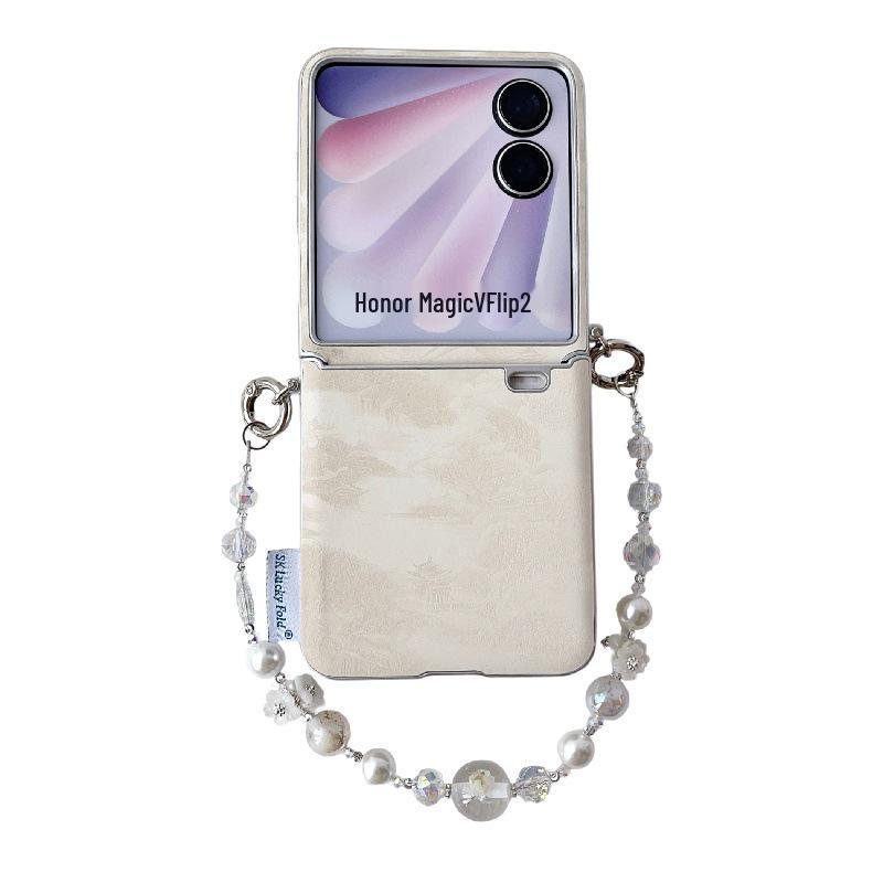 

Fashionable Landscape Painting Phone Case with Drop-Proof Leather, Foldable Screen, and Anti-Lost Wrist Strap for Honor Magic V Flip2 Honor Magic V Flip грязно-белый