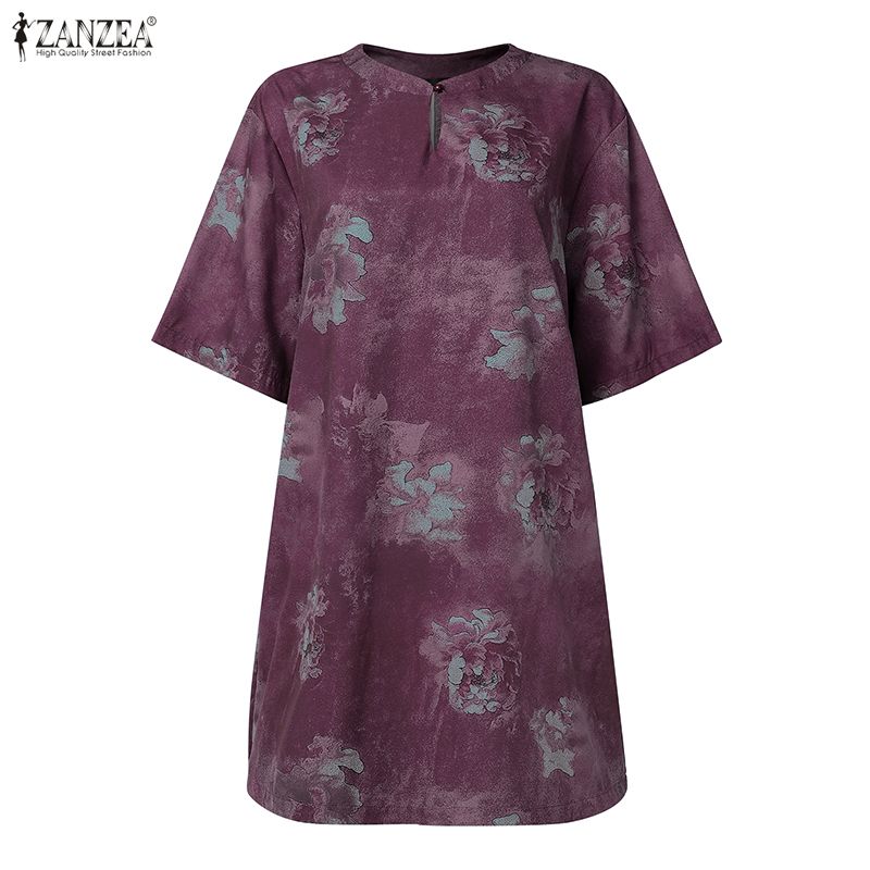 

ZANZEA Vintage Women Round Neck Short Sleeve Retro Print Casual Tunic Dress 2XL темно-червоний колір