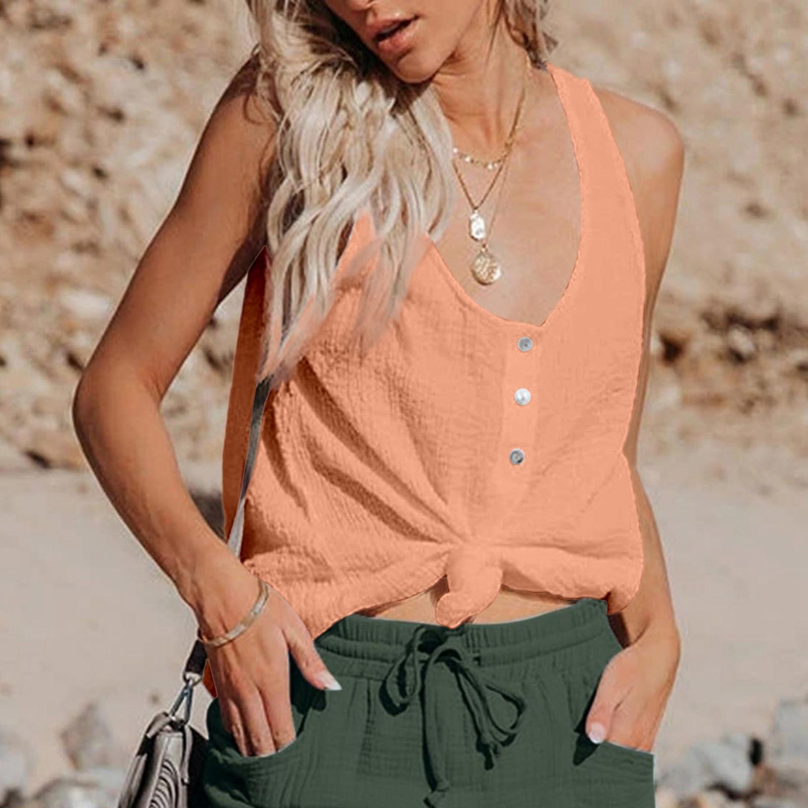 

Womens Summer Tops Tank Top For Women Cotton Linen Shirts For Women Sleeveless Shirts M помаранчевий