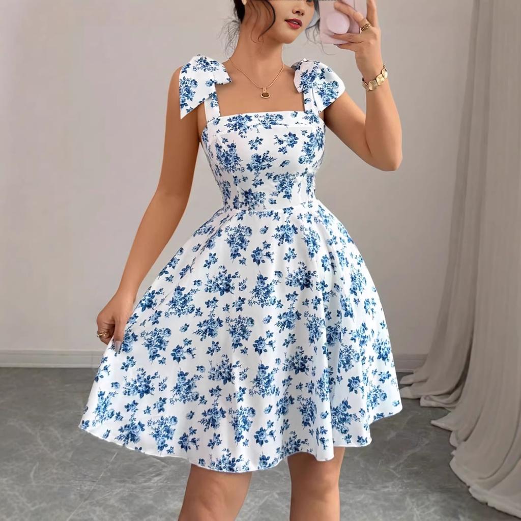 Sleeveless Square Neck Floral Print Dress with Shoulder Straps and A Line for Women Casual Wear
