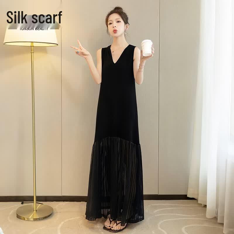 Women s V-Neck Spliced Sleeveless Maxi Dress L чёрный