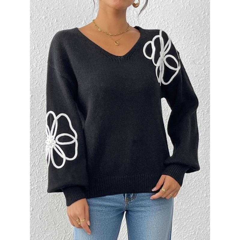 Women S V Neck Pullover Sweater With Flower Embroidery Casual Style