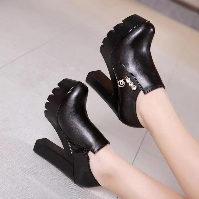 

10см Маленький Размер 32-43 Туфли-лодочки на платформе с глубоким вырезом Черные Осень 2025 Туфли на высоком блочном каблуке Женские для офиса Модельные Платье Туфли-лодочки 33 чёрный