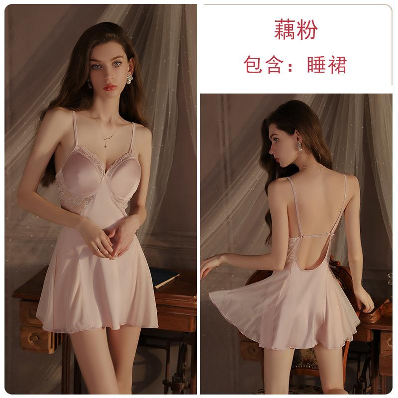 

Sweet temptation satin pajamas sexy perspective lace plus chest pad pajamas loungewear set XL