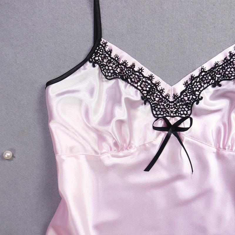 Women's Summer Lace Trim Ice Silk Pajama Set - Cool, Breathable Camisole Nightgown with Short Skirt