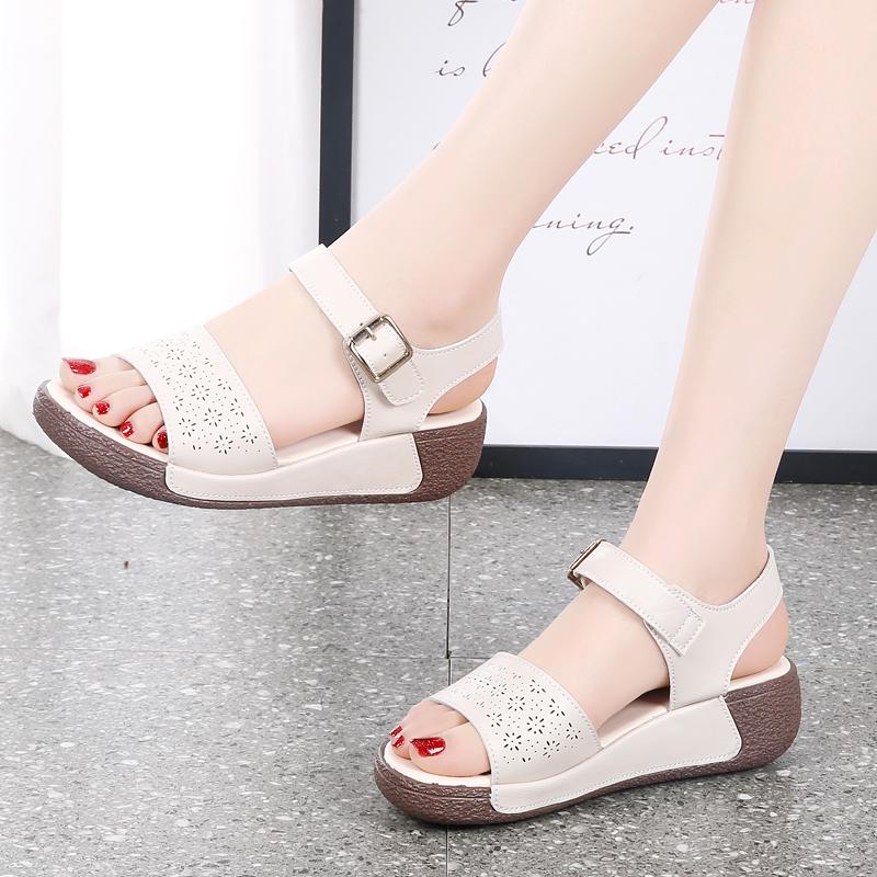 Women Beige Wedge Chunky Sandals Casual Brown Height Increase Platform Sandals for Mother Over Sized