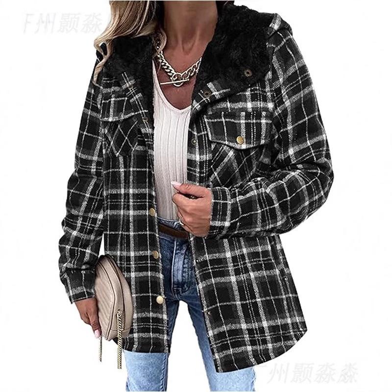 Women's Plaid Shacket with Faux Fur Trim, Loose Fit Long Sleeve Shirt Jacket, Casual Button Down Top, Fall Winter Flannel Overshirt, 3 Colors