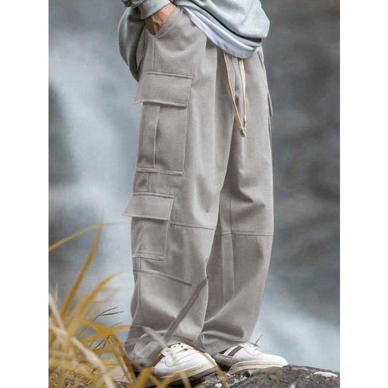 Macacão Novo de Perna Reta para Homens Splicing ao Ar Livre Design Solto Calças com Múltiplos Bolsos