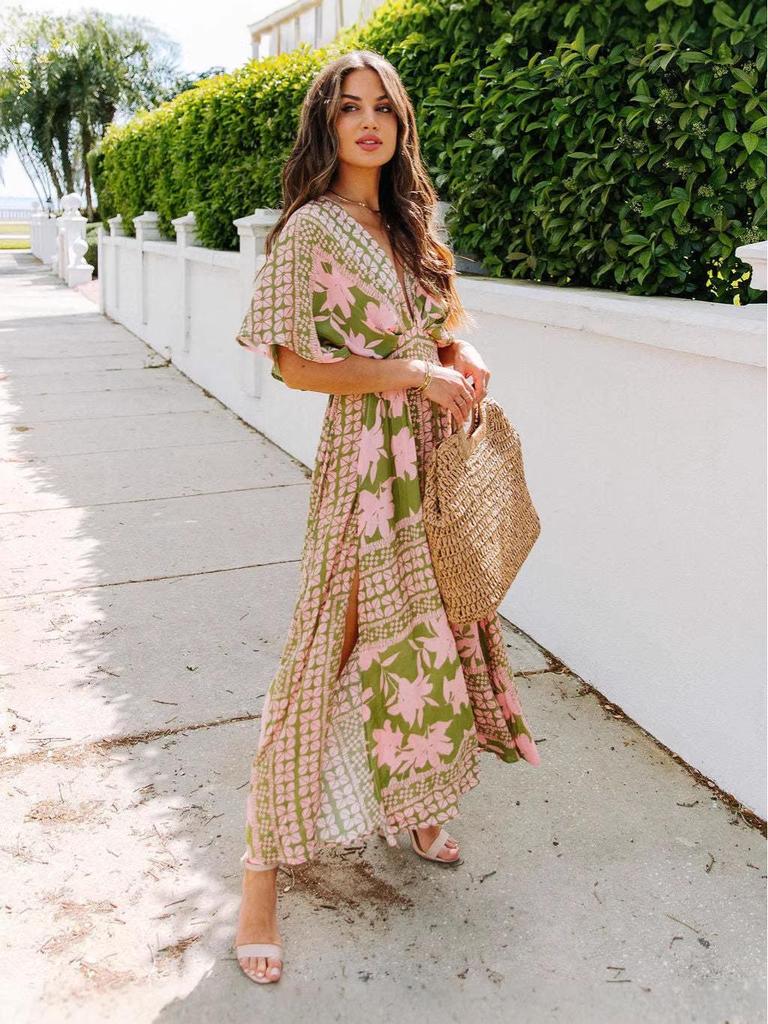 Summer 2025 Women's Fashion: Sexy High-Waisted Print Slit Dress