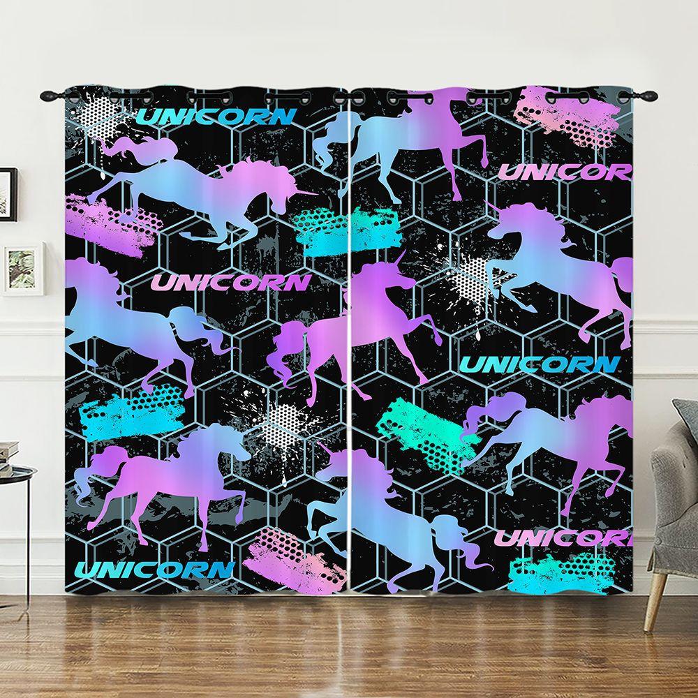 

Curtain Unicorn Animal 3D Digital Printing Blackout Curtain Punching 97cm*114cm*2