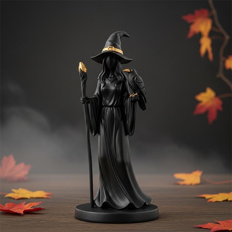 Figurka čarodějnice na Halloween s černým rouchem a zlatou holí Gotická domácí dekorace Socha vrány Pro strašidelnou sváteční výzdobu