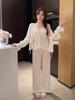 Spring and Autumn New Ice Silk Pajamas Women's Thin High-end Suspender Long-sleeved Trousers National Style Loungewear Three-piece Set