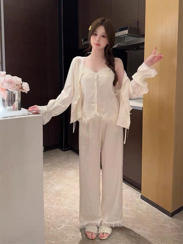 Spring and Autumn New Ice Silk Pajamas Women's Thin High-end Suspender Long-sleeved Trousers National Style Loungewear Three-piece Set