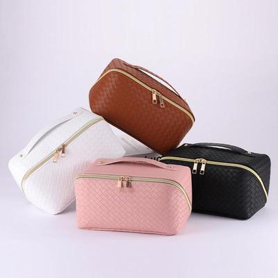 Leather Woven Texture Travel Makeup & Toiletry Bag - Portable, Large Capacity, High-Value Organizer