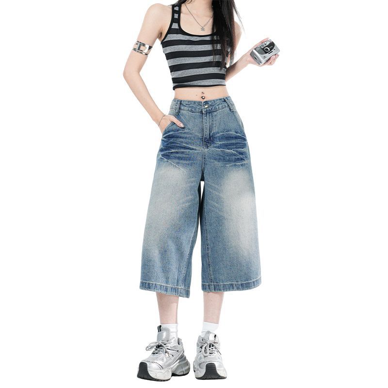 Trendige Sommer Lockere Weite Beine Verkürzte Capri Jeanshosen Für Damen Vielseitig Lockere Gerade Schlankmachende AllMatch Lässige Hosen