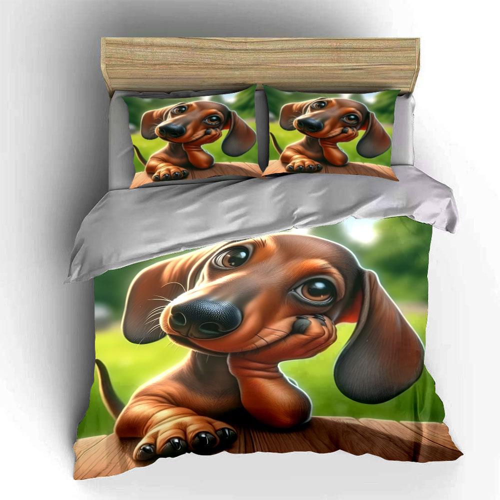 Cute Dachshund With Its Head Hanging Down Pattern Duvet Cover Set Digital Print Colorful Polyester Bedding With Zipper Closur