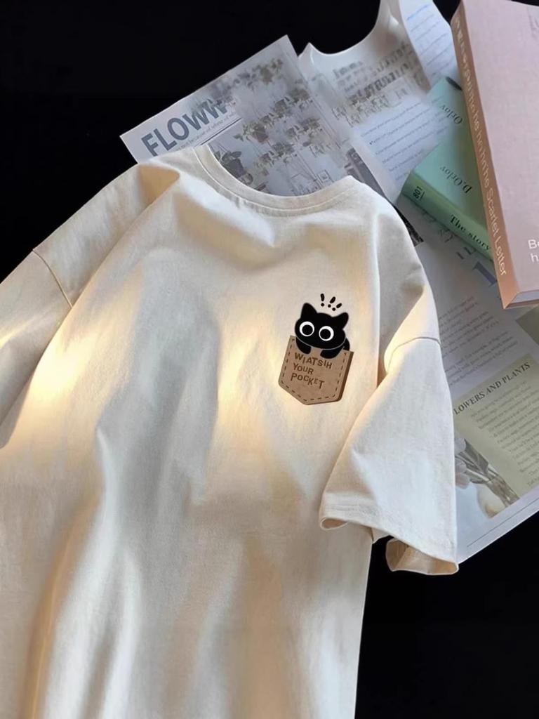 Couple's American-Style Cotton T-Shirt with Fake Pocket Print