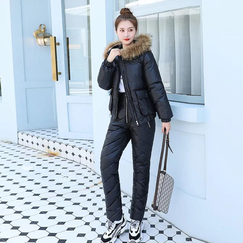 Women's Winter Solid-Color Minimalist Warm Set Thickened Hooded Coat with Large Fur Collar + Pants Two-Piece Set