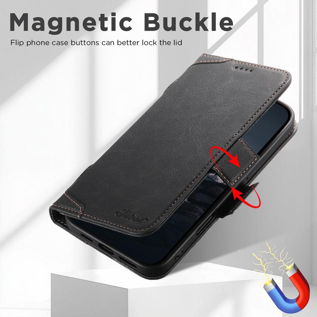 iPhone 17 Pro/Samsung Magnetic Leather Flip Case with Wireless Charging, Card Slot, and Stand