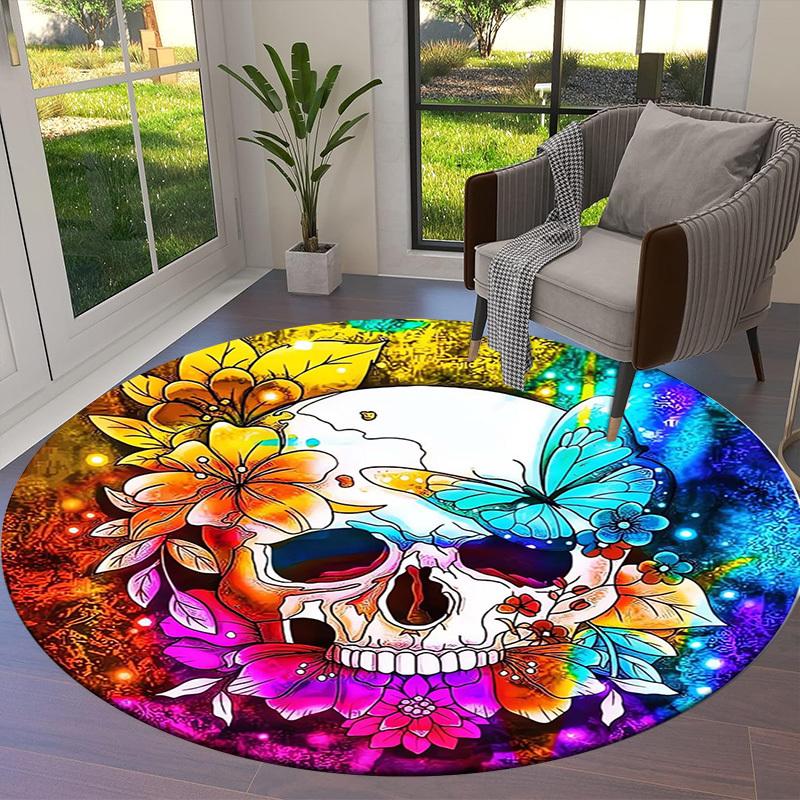 1pc Colorful Skull with Flowers and Butterfly Round carpet, Made of Polyester,Perfect for Decorating Office Chairs, Living Rooms fplt701