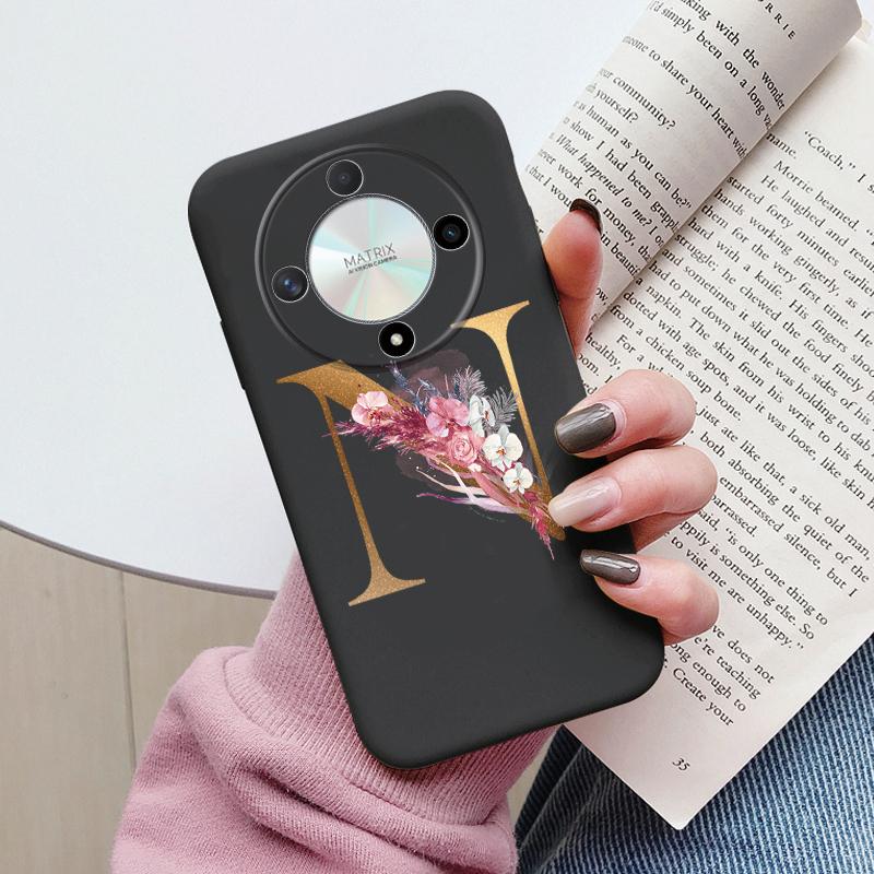 Buchstaben-Handyhülle für Honor X9b X9a Magic5 Lite Magic6 Lite 5G Hülle Retro-Blumen Rosa Schwarz Weiches TPU Initialen Silikon Fundas