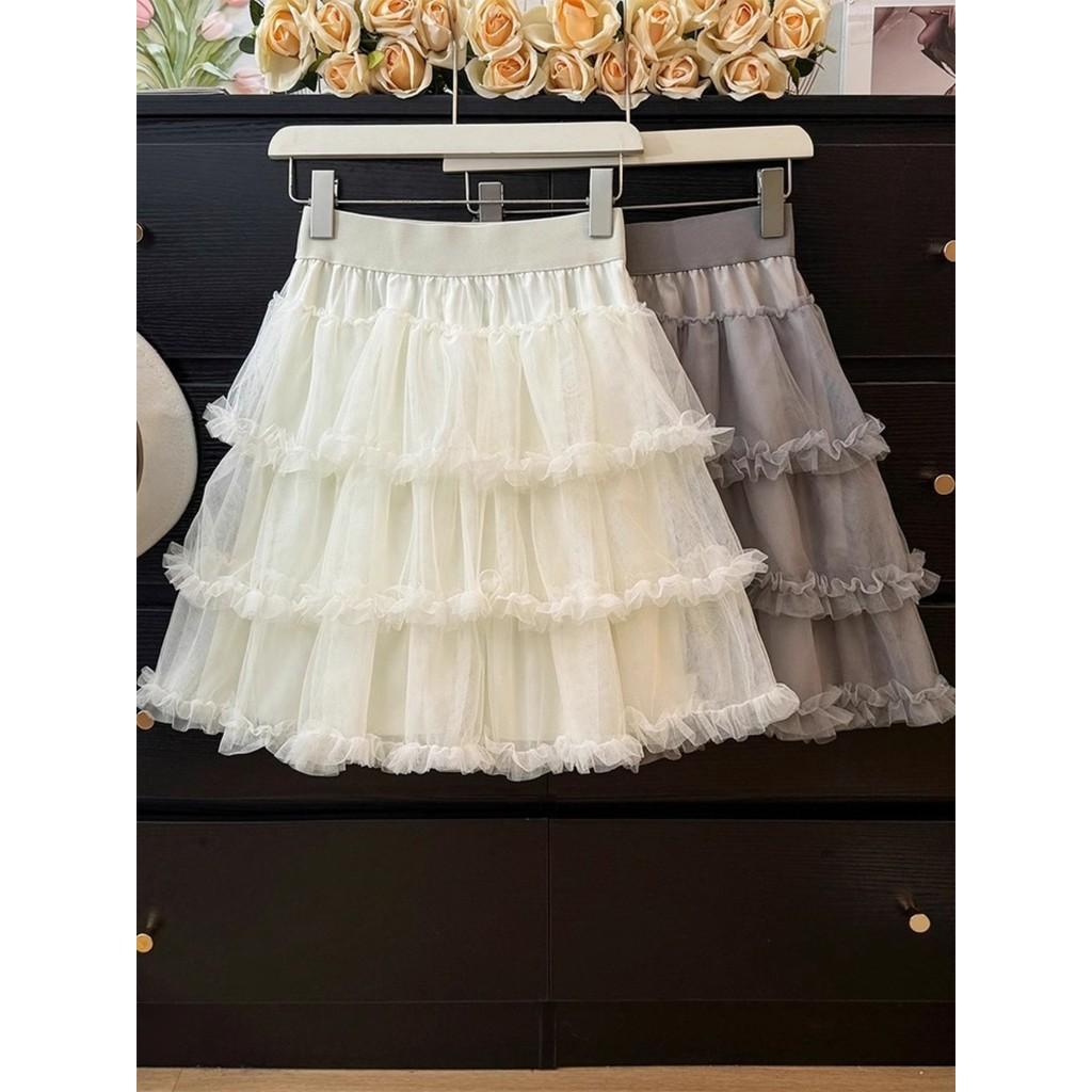 

Qooth Women Solid Color 3-Layer Tulle Cake Skirt Ruffled Hem Elastic Waist Casual Mini Skirts QT2623 One Size белый