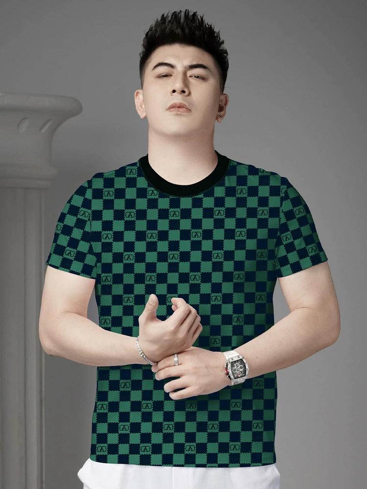 European Goods 2025 Summer New Men's Plaid Printed Short-Sleeved T-Shirt Trendy Brand Casual Round-Neck Top Half-Sleeved T-Shirt