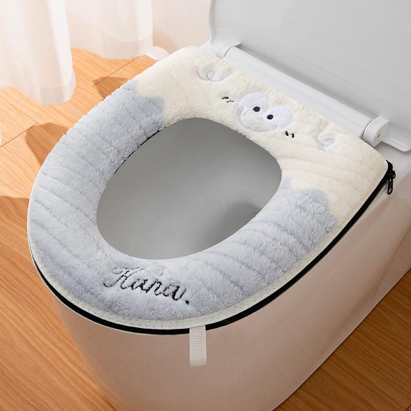 

1 шт. Зимний теплый чехол-мат для сиденья унитаза, подушка для ванной комнаты, с ручкой, утолщенный плюшевый материал, застежка-молния синий