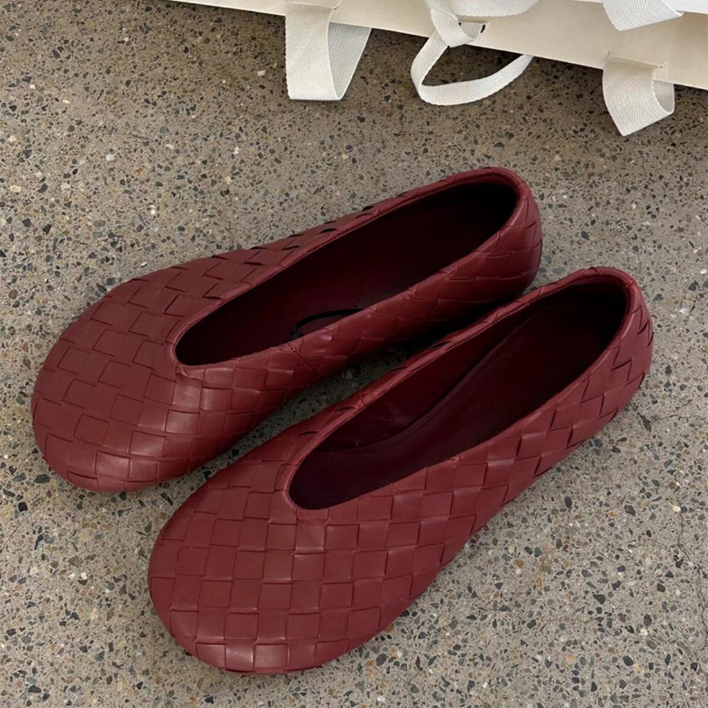 Cowhide version~ Retro leather flat-soled woven single shoes for women's commuting comfort, shallow mouth soft-soled Mary Jane ballet shoes