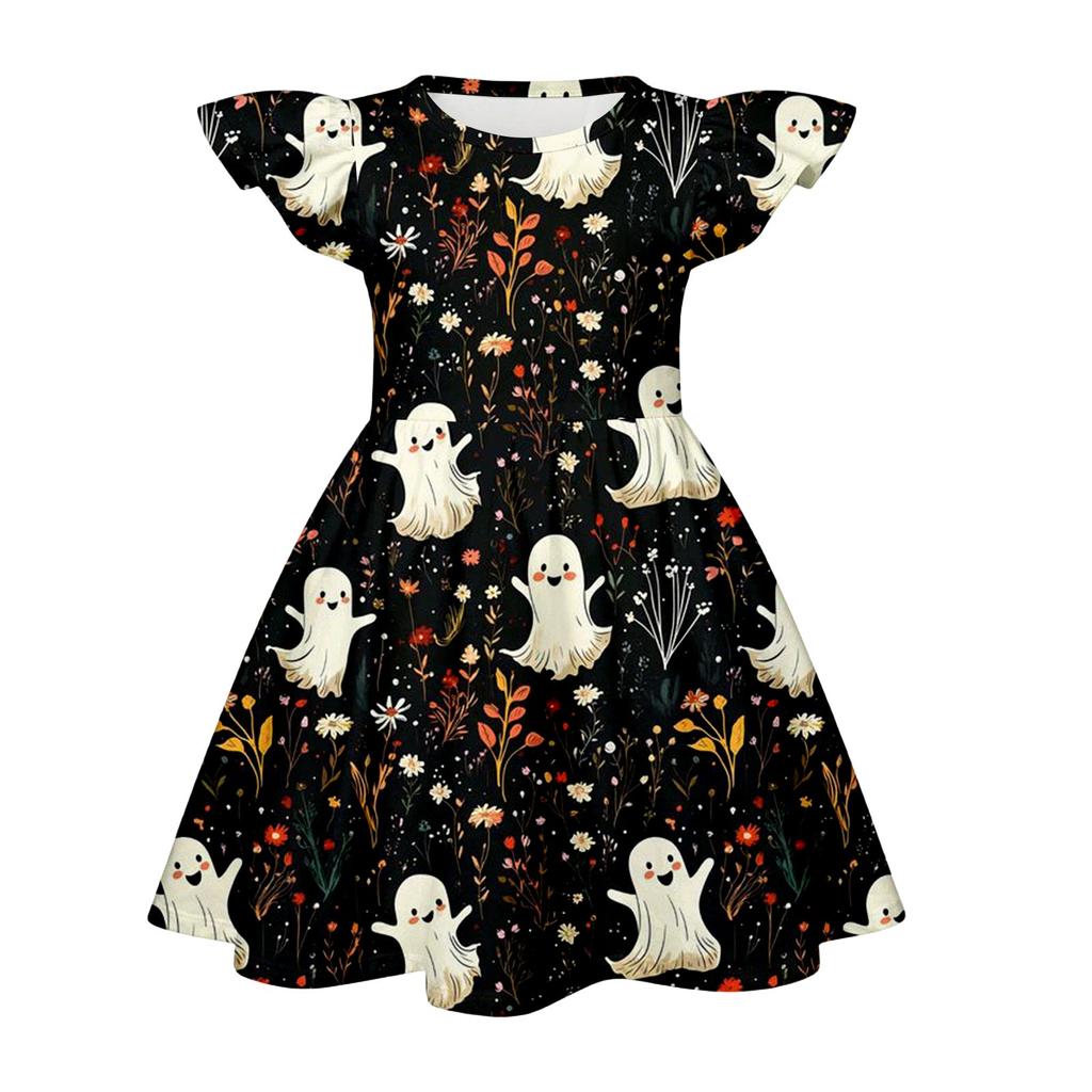 Girls Halloween Casual Dress Ruffle Sleeve Round Neck Patchwork Pattern Knee Length Dress for Kids