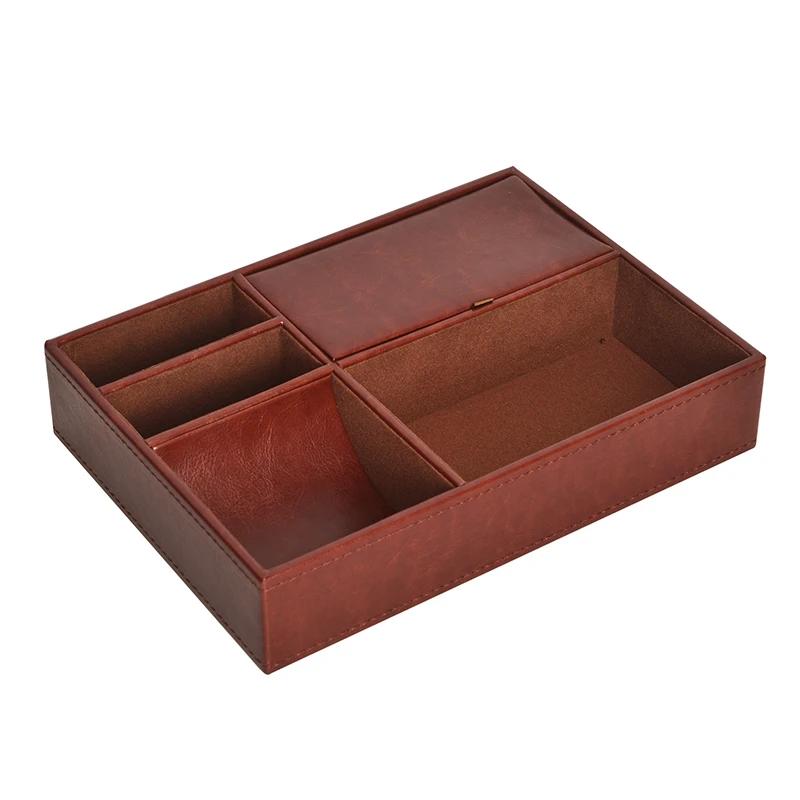 Men's Valet Tray Desktop PU Leather Wood Tray Organizer Jewelry Box Nightstand Organizer For Phone Keys Wallet Glasses Multifun