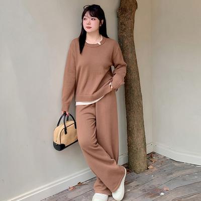 Plus Size Women's Casual Knit Suit Autumn and Winter Long Sleeve Top Wide Leg Pants Suit