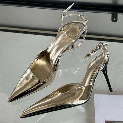 Gold Silver Ankle Buckle Strap Women Pumps Sexy Pointed Toe Thin High Heels Slingback Dress Designer Mules Shoes