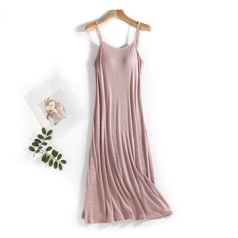 Women s Summer Slim-Fit Spaghetti Strap Nightgown with Chest Pads - Over-the-Knee Length, No Bra Needed XL