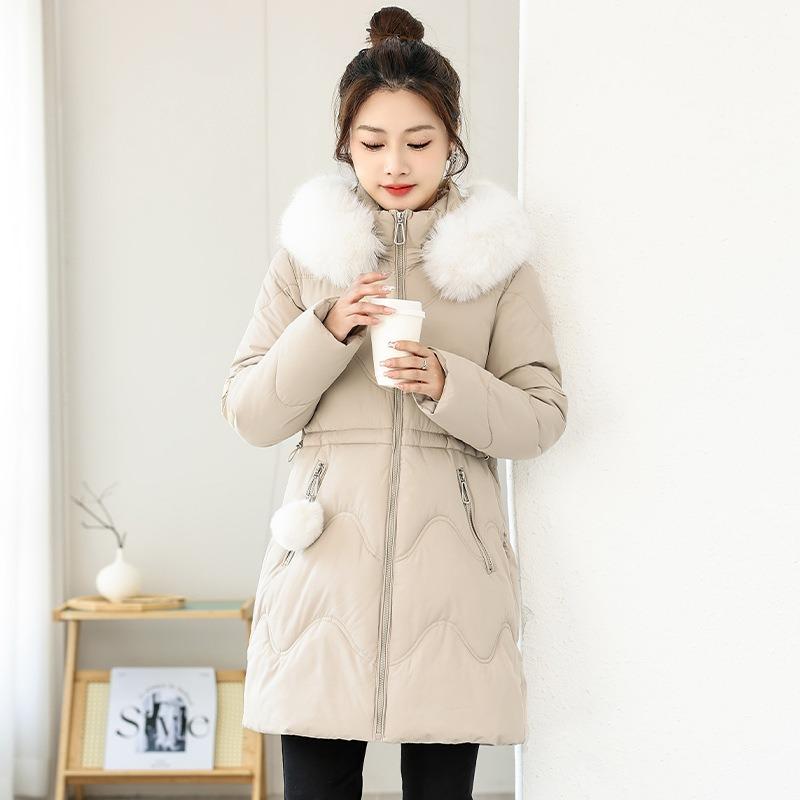 White Fur Collar Waist Padded Clothes Women's Winter New Medium and Long Hooded Padded Clothes Casual Padded Jacket