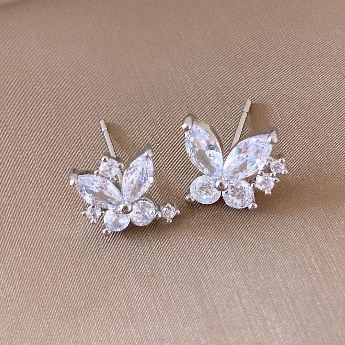 18K electroplated silver needle zircon butterfly earrings stud earrings temperament versatile niche earrings women